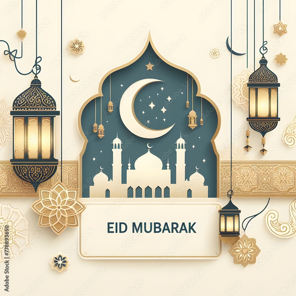 Eid Mubarak greeting card with arabic lantern and crescent generated by ai