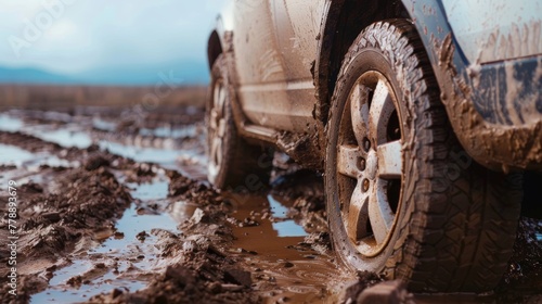 Off-road vehicle on muddy road during mud storm in countryside