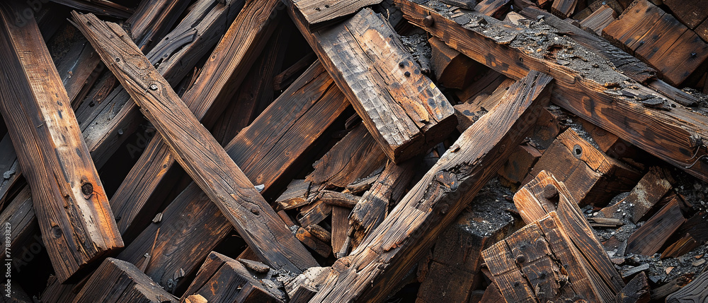 Old broken wooden beams clutter the destroyed shaft of an ancient historic gold mine