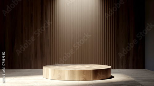 empty wooden podium on modern wooden room with marble floor and spotlight on top for producy display