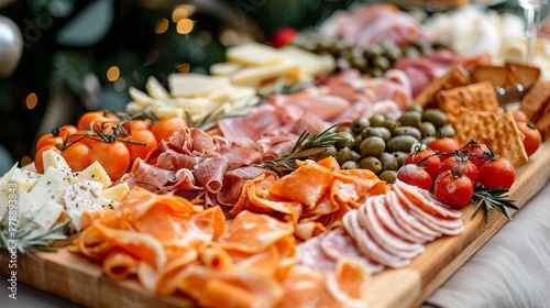A festive table with a variety of snacks: cheese balls, sliced meats, fresh fruit, decorated against the background of a Christmas tree. Concept: New Year's menu, catering services