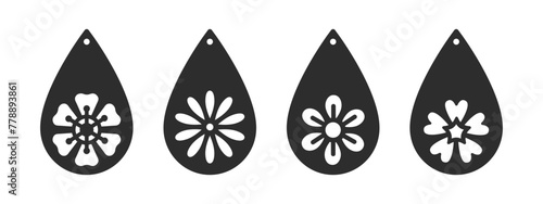 Floral teardrop earrings, pendant or keychain design. Jewelry silhouette laser cut template. Cnc cutting with metal, wood or leather