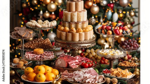 A buffet in the form of a Christmas tree  composed of meat snacks and canap  s  against the backdrop of a New Year tree with garlands. Concept  Christmas dish  catering and table decoration