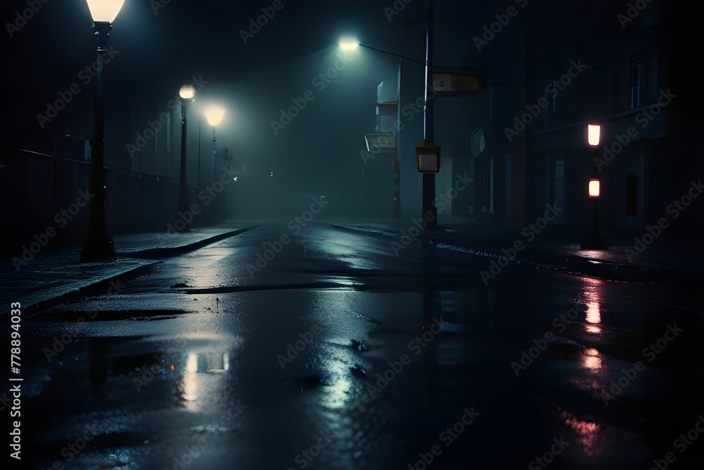 Wet asphalt, reflection of neon lights, a searchlight, smoke. Abstract light in a dark empty street with smoke, smog. Dark background scene of empty street, night view, night Generative AI