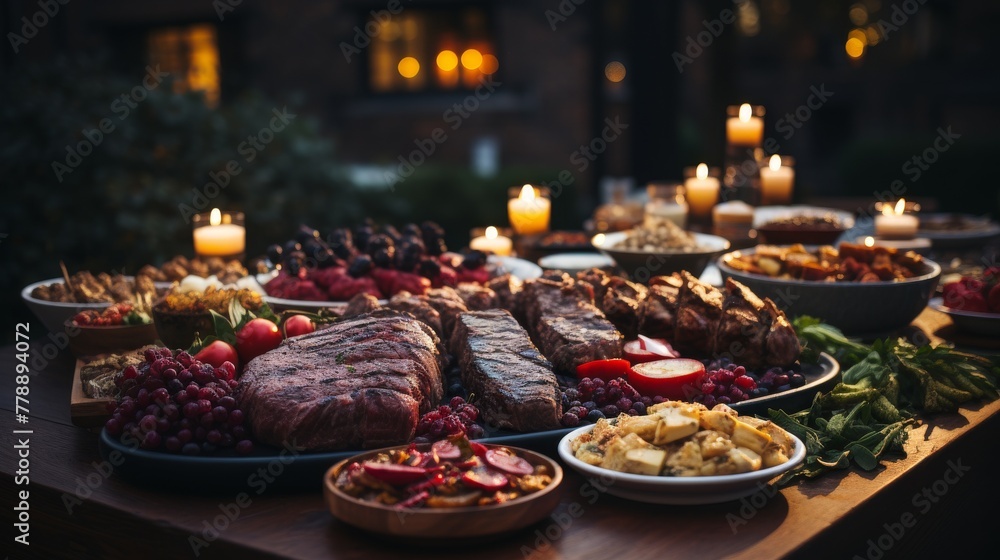 Fototapeta premium A festive table with a variety of snacks: cheese balls, sliced meats, fresh fruit, decorated against the background of a Christmas tree. Concept: New Year's menu, catering services