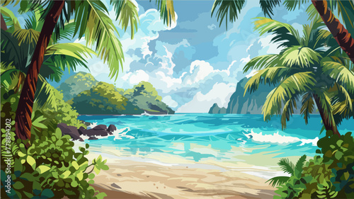 Tropical beach with palm trees and sunset  vector illustration
