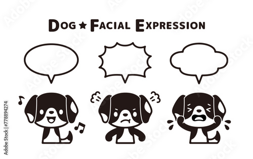 Set of black-and-white illustrations of dogs with various facial expressions and speech balloons