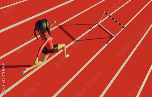 young girl athletics hurdle 3d render illustration