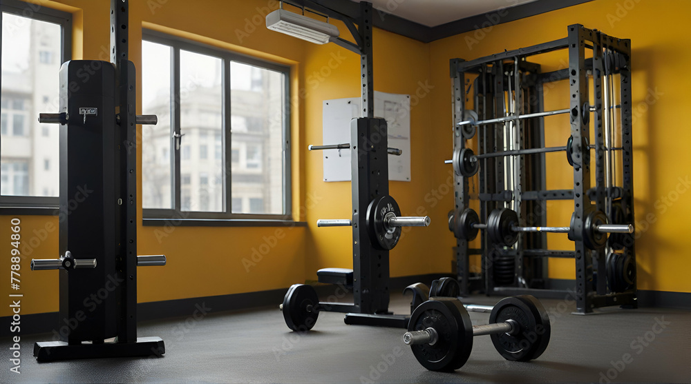 Barbell and dumbbells with gym lockers, yellow background.generative.ai Barbell and dumbbells with gym lockers, yellow background.generative.ai