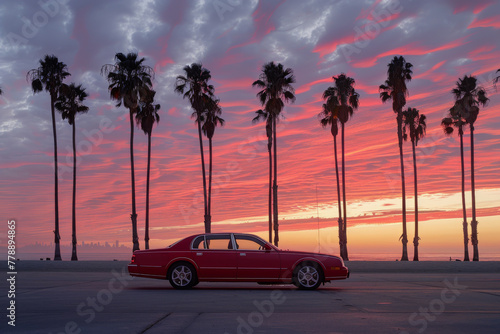 Vintage Red Car Under Vibrant Sunset Amidst Palm Trees