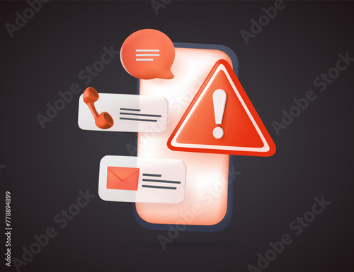 3D Internet Spam, Mobile Fraud Alert, Phone scam, Online Warning. Malware Spreading Virus, mobile fraud alert warning notification. Spam Distribution. 3D Vector isolated illustration background