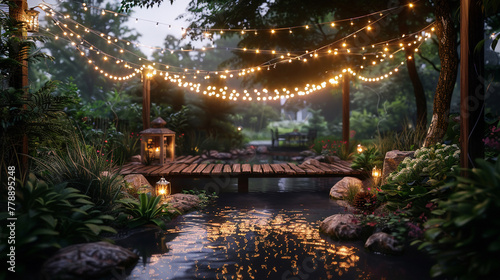 Optic white fairy lights over watersaving garden, twilight, enchanting glow