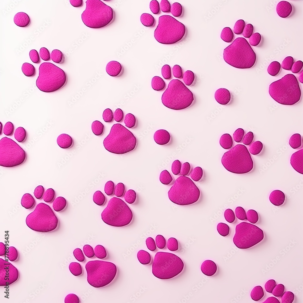 Magenta paw prints on a background, minimalist backdrop pattern with copy space for design or photo, animal pet cute surface 