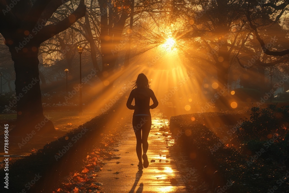 Woman running down path at sunset