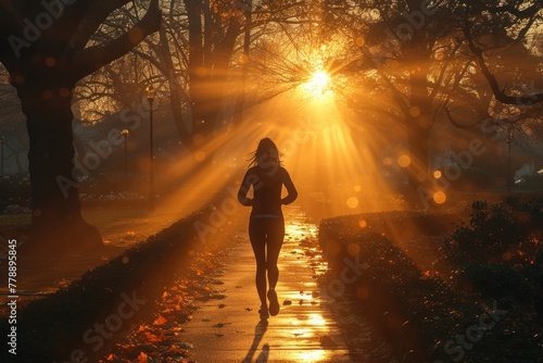 Woman running down path at sunset