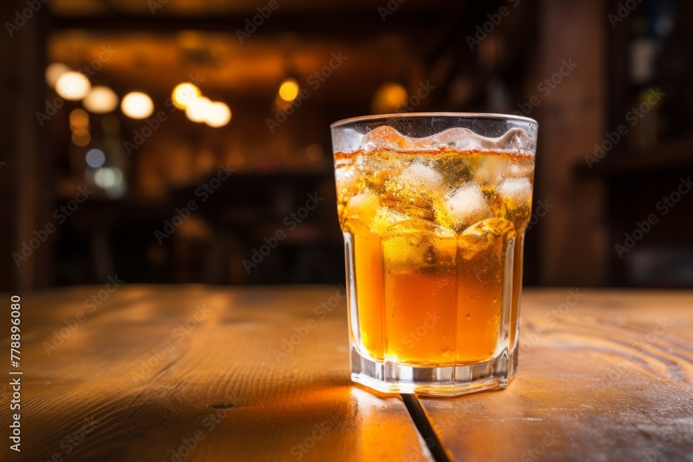 The allure of Peach Schnapps: A chilled glass on an old-world wooden table in a welcoming bar The allure of Peach Schnapps: A chilled glass on an old-world wooden table in a welcoming bar
