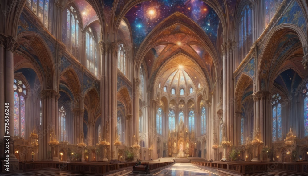A breathtaking interior view of a cathedral with cosmic elements, blending spiritual architecture with otherworldly skies