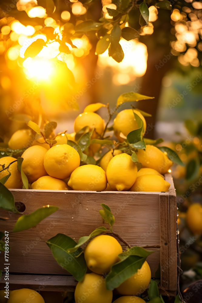 Lemons harvested in a wooden box with orchard and sunshine in the background. Natural organic fruit abundance. Agriculture, healthy and natural food concept. Vertical composition. Lemons harvested in a wooden box with orchard and sunshine in the background. Natural organic fruit abundance. Agriculture, healthy and natural food concept. Vertical composition.