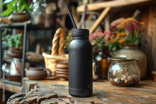 Black water bottle on wooden table