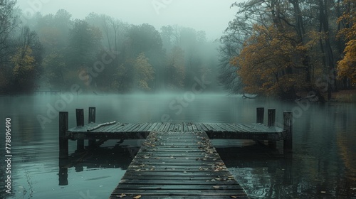  Dock in lake amidst forest with numerous trees on foggy day