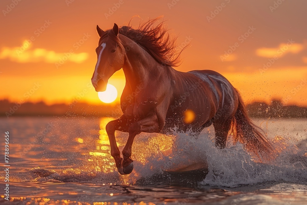 Majestic horse running in water at sunset Majestic horse running in water at sunset