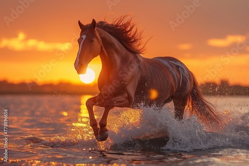 Majestic horse running in water at sunset