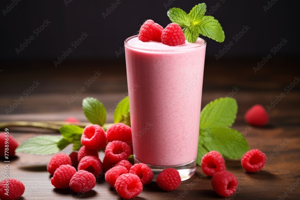 An enticing food photograph of a chilled Raspberry Vanilla Shake served with fresh fruit garnish on a vintage wooden surface An enticing food photograph of a chilled Raspberry Vanilla Shake served with fresh fruit garnish on a vintage wooden surface