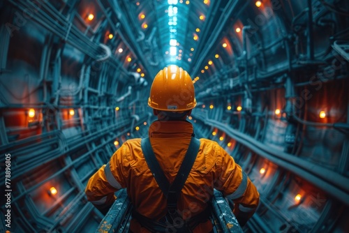Maintenance worker in hard hat walking through tunnel