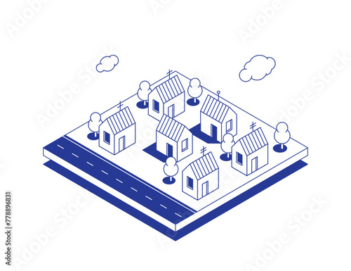 Suburb or village with small private houses near road. Low-rise construction. Linear isometric illustration isolated on white background. 