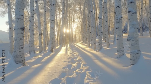   A snowy forest path illuminated by shining sun rays filtering through tree branches © Anna