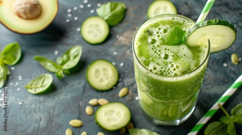 refreshing composition with green cucumbers and lemons, basil leaves and a bottle of cucumber drink.