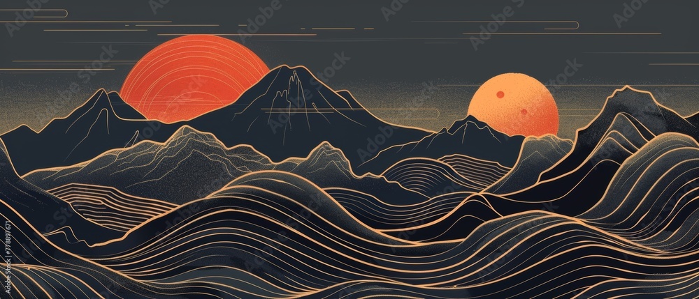 An abstract art invitation card with geometric pattern on a Japanese background with a wave pattern. A mountain and ocean object in style. - obrazy, fototapety, plakaty 