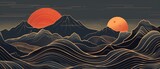 An abstract art invitation card with geometric pattern on a Japanese background with a wave pattern. A mountain and ocean object in style.