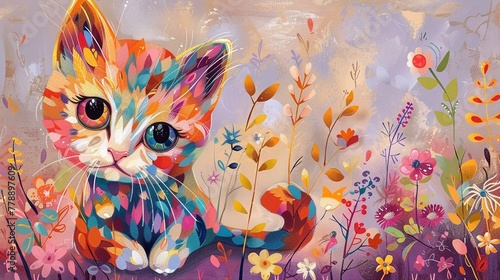 Cute kitten, vibrant colors with floral designs, set against a gentle lavender backdrop, highlighting its cuteness