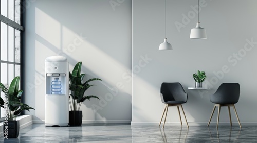 Minimalistic bright white and grey office water cooler for workplace refreshment in modern style photo