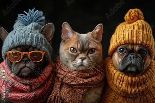 Three dogs and a cat wearing hats and scarves