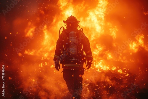 Firefighter walking through large fire