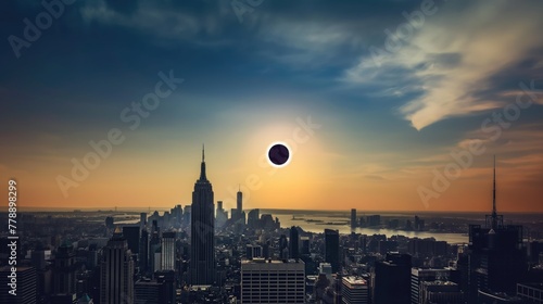 Solar eclipse at dawn over a sprawling urban skyline