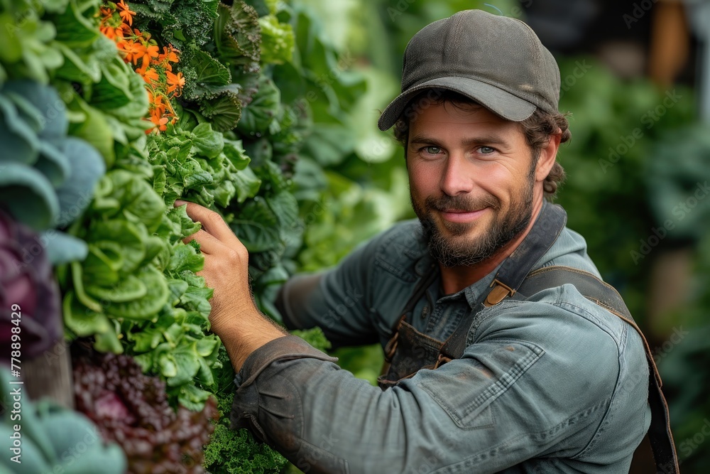 Fresh Harvest: Man Embracing Bountiful Lettuce Bounty Fresh Harvest: Man Embracing Bountiful Lettuce Bounty