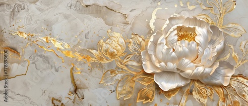 Illustration of a peony flower in the vintage style. Vintage floral pattern in gold. Oriental flora banner design.