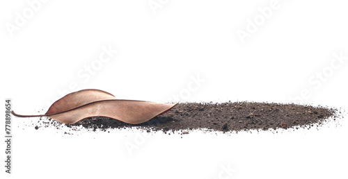 Dirt pile with dry leaf isolated on white background
