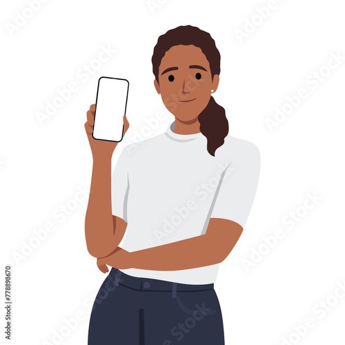 Beautiful young woman raised her hand to show blank screen in mobile phone while standing. Flat vector illustration isolated on white background