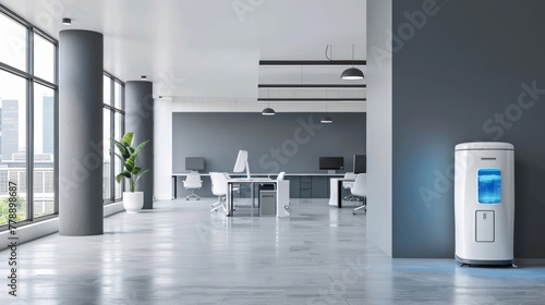 a cooler with water in a bright wite and grey style minimalistic office with a one blue detail photo