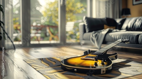 Stylish home of rock musician with black guitar, yellow and gray colors