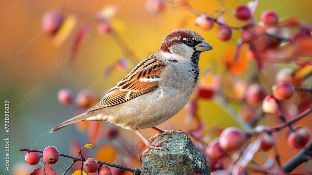 A bird perched atop a tree limb beside a red-yellow berry-filled bush on a sunny day A bird perched atop a tree limb beside a red-yellow berry-filled bush on a sunny day