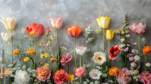  A group of flowers arranged in front of a gray wall adorned with flower patterns