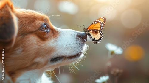 Jack Russell Terrier dog and butterfly against the backdrop of a sunny and green summer meadow. Concept: pet care, veterinary services, friendship © Marynkka_muis