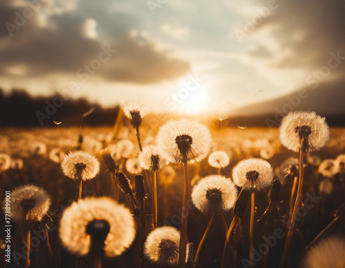 Field of dandelion during sunrise with clouds. Generative Ai