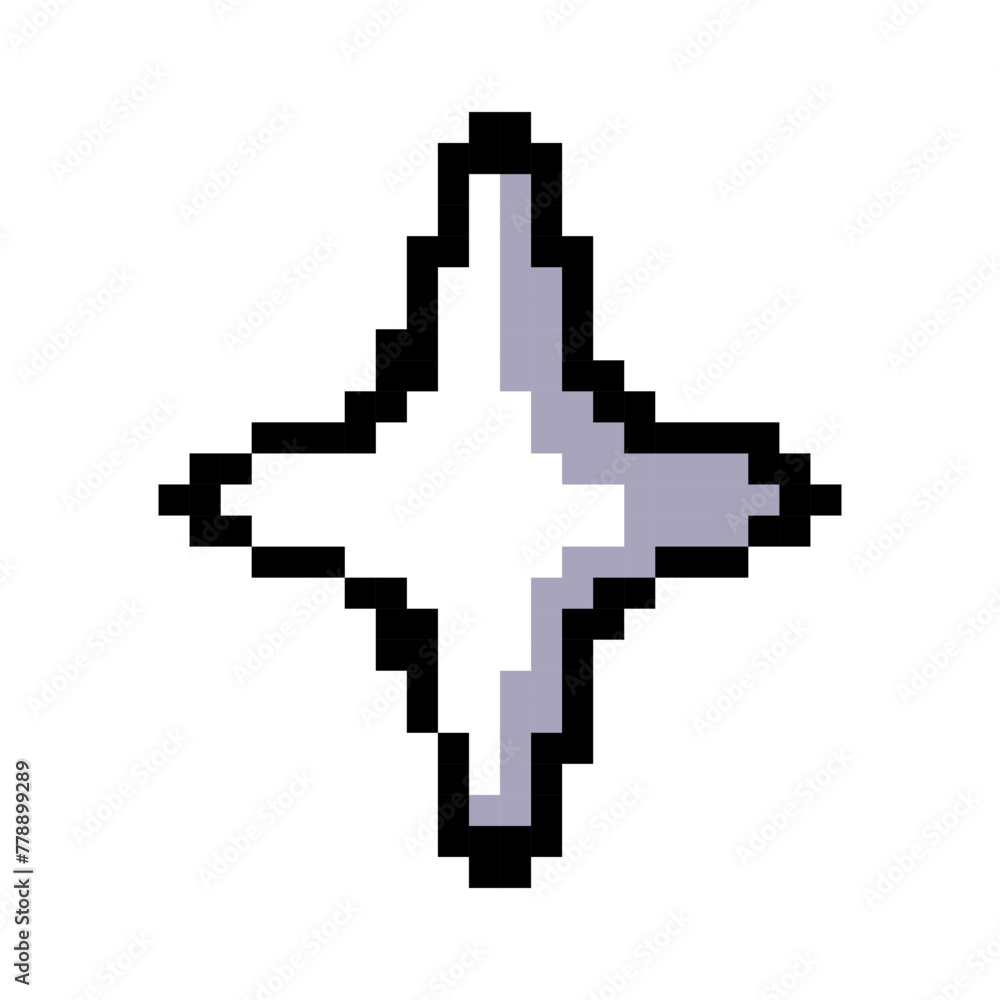 Summer vacation icons set in pixel art design isolated on white background, 80s-90s, digital vintage game style. Pixeled white four pointed star Summer vacation icons set in pixel art design isolated on white background, 80s-90s, digital vintage game style. Pixeled white four pointed star