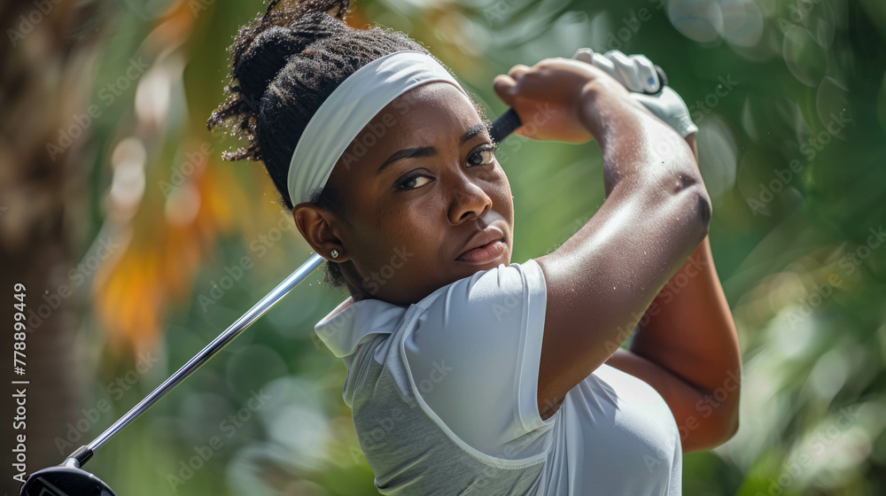 Naklejka premium Black Woman Executing A Golf Swing, Athletic Female
